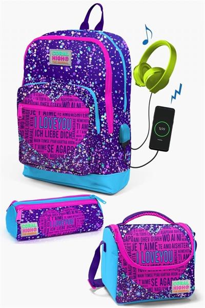 Coral High Kids Mor Mavi Pembe Kalp Desenli USBli 3lü Okul Çanta Seti - Kız