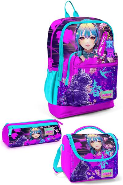 Coral High Kids Mor Pembe Anime Kedi Desenli 3lü Okul Çanta Seti SET0123753