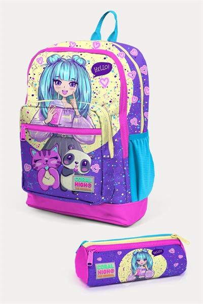 Coral High Kids Mor Pembe Anime Kız Desenli 2li Okul Çanta Seti - Kız Çocuk