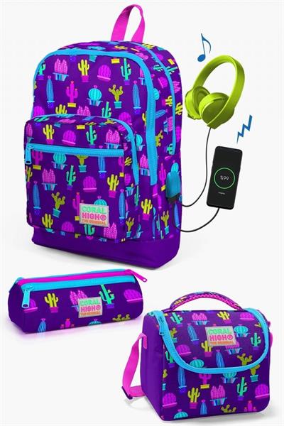 Coral High Kids Mor Pembe Kaktüs Desenli USBli 3lü Okul Çanta Seti - Kız Çocuk