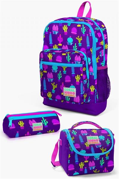Coral High Kids Mor Pembe Kaktüs Desenli 3lü Okul Çanta Seti