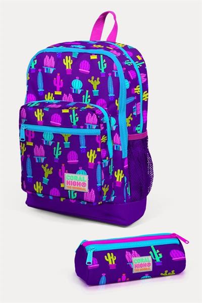 Coral High Kids Mor Pembe Kaktüs Desenli 2li Okul Çanta Seti - Kız Çocuk