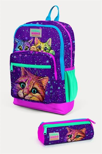 Coral High Kids Mor Pembe Kedi Desenli 2li Okul Çanta Seti - Kız Çocuk