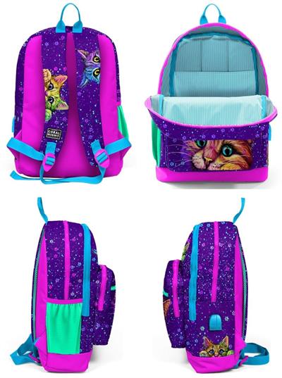 Coral High Kids Mor Pembe Kedi Desenli USBli 3lü Okul Çanta Seti - Kız Çocuk