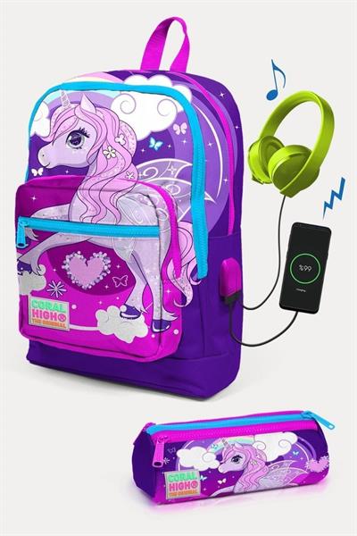 Coral High Kids Mor Pembe Unicorn Desenli USBli 2li Okul Çanta Seti - Kız Çocuk