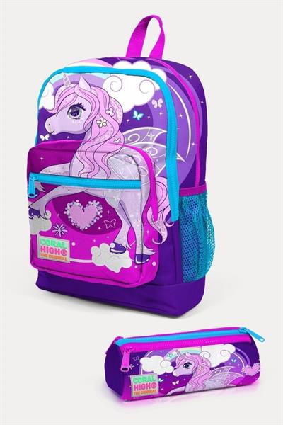 Coral High Kids Mor Pembe Unicorn Desenli 2li Okul Çanta Seti - Kız Çocuk