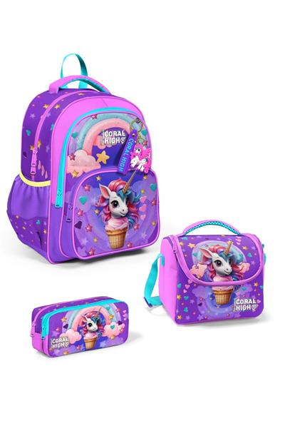Coral High Kids Mor Pembe Unicorn Dondurma Desenli 3lü Okul Çanta Seti SET0114421 - Kız