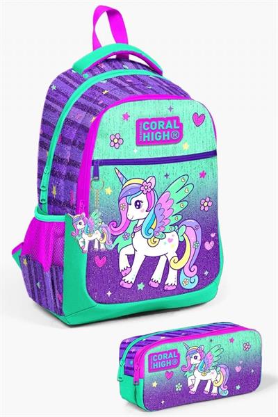 Coral High Kids Mor Su Yeşili Unicorn Desenli 2li Okul Çanta Seti - Kız Çocuk
