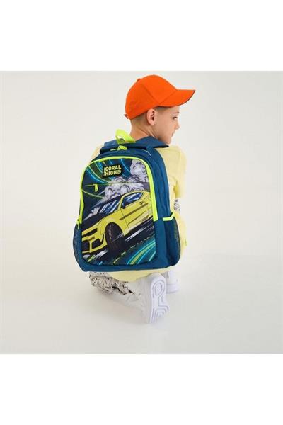 Coral High Kids Nefti Fosforlu Sarı Araba Desenli 2li Okul Çanta Seti - Erkek Çocuk