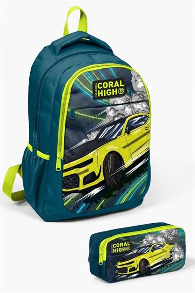 Coral High Kids Nefti Fosforlu Sarı Araba Desenli 2li Okul Çanta Seti - Erkek Çocuk