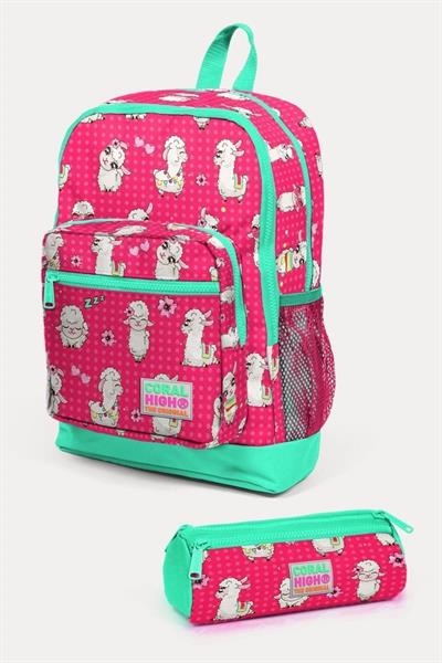 Coral High Kids Neon Mercan Su Yeşili Alpaka Desenli 2li Okul Çanta Seti - Kız Çocuk