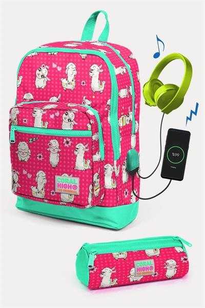Coral High Kids Neon Mercan Su Yeşili Alpaka Desenli USBli 2li Okul Çanta Seti - Kız Çocuk
