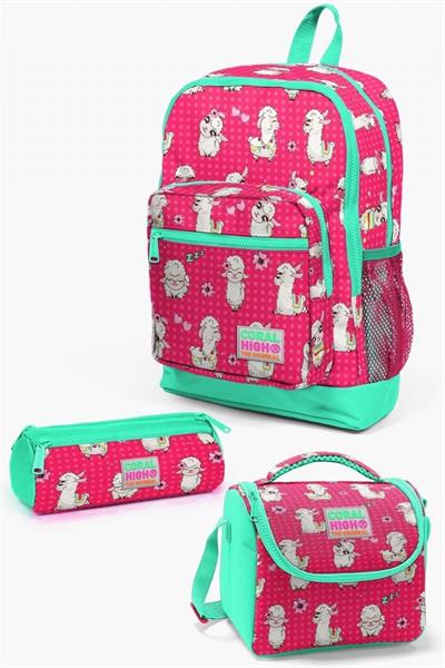 Coral High Kids Neon Mercan Su Yeşili Alpaka Desenli 3lü Okul Çanta Seti