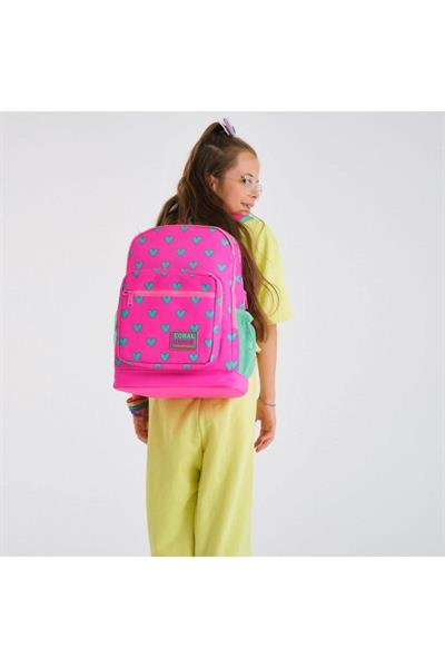 Coral High Kids Neon Pembe Su Yeşili Kalp Desenli 2li Okul Çanta Seti - Kız Çocuk
