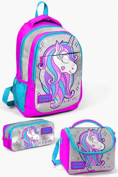 Coral High Kids Pembe Gümüş Simli Unicorn Desenli 3lü Okul Çanta Seti - Kız