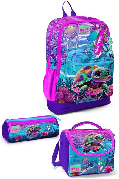 Coral High Kids Pembe Mor Kaplumbağa Desenli 3lü Okul Çanta Seti SET0123756