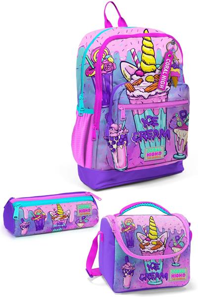 Coral High Kids Pembe Mor Milkshake Dondurma Desenli 3lü Okul Çanta Seti SET0123749