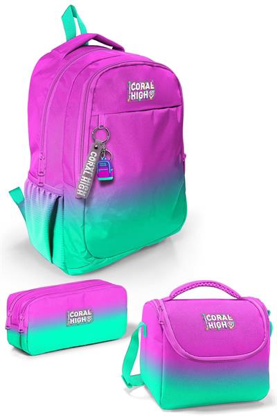 Coral High Kids Pembe Su Yeşili Renk Geçişli 3lü Okul Çanta Seti SET0123664
