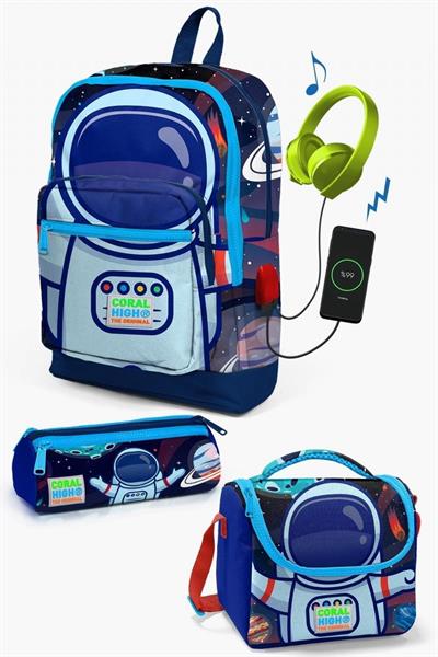 Coral High Kids Saks Mavi Astronot Desenli USBli 3lü Okul Çanta Seti - Erkek