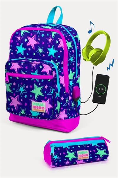 Coral High Kids Saks Pembe Yıldız Desenli USBli 2li Okul Çanta Seti - Kız Çocuk