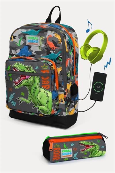 Coral High Kids Siyah Gri Dinozor Desenli USBli 2li Okul Çanta Seti - Erkek