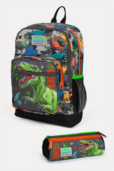 Coral High Kids Siyah Gri Dinozor Desenli 2li Okul Çanta Seti - Erkek Çocuk