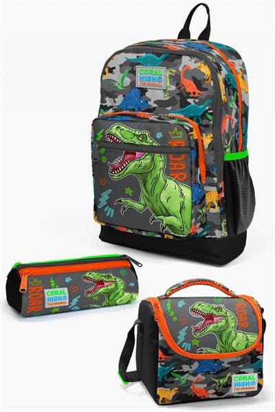 Coral High Kids Siyah Gri Dinozor Desenli 3lü Okul Çanta Seti - Erkek Çocuk İlkokul