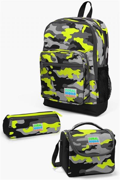Coral High Kids Siyah Gri Kamuflaj Desenli 3lü Okul Çanta Seti