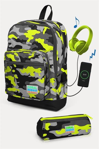 Coral High Kids Siyah Gri Kamuflaj Desenli USBli 2li Okul Çanta Seti - Erkek Çocuk