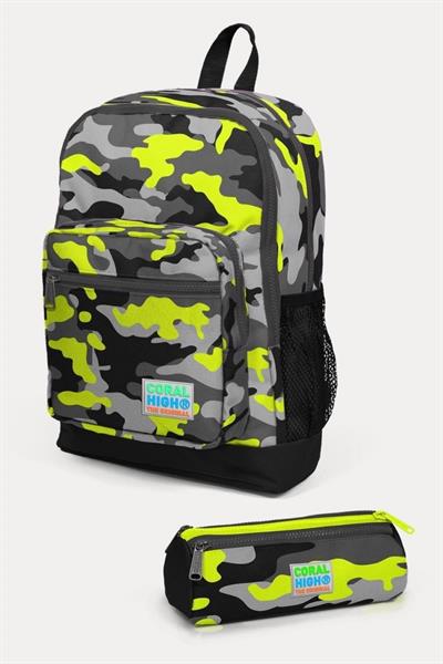 Coral High Kids Siyah Gri Kamuflaj Desenli 2li Okul Çanta Seti - Erkek Çocuk