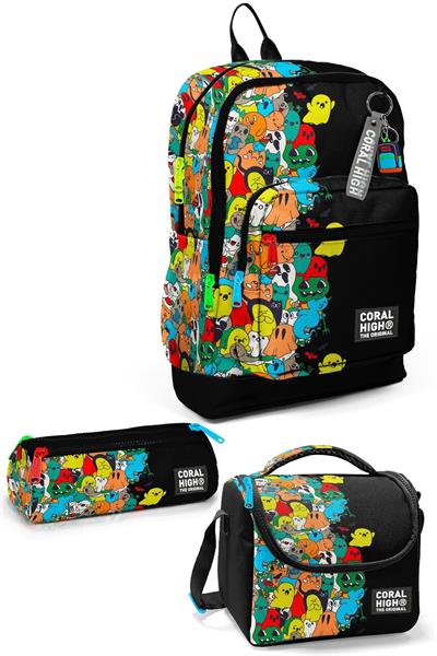 Coral High Kids Siyah Karikatür Desenli 3lü Okul Çanta Seti SET0123774 - Erkek