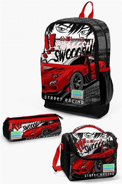 Coral High Kids Siyah Kırmızı Anime Araba Desenli 3lü Okul Çanta Seti - Erkek Çocuk