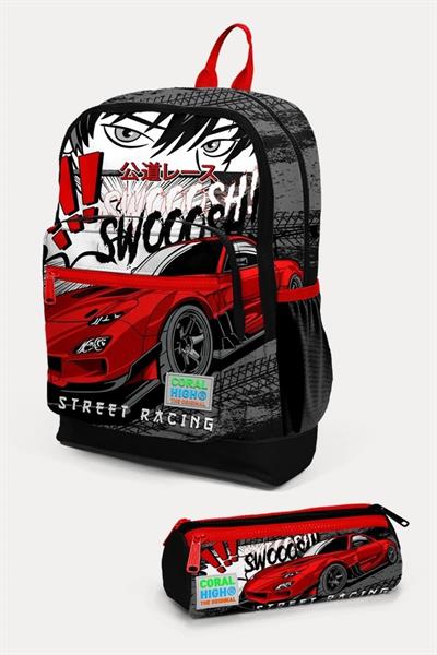 Coral High Kids Siyah Kırmızı Anime Araba Desenli 2li Okul Çanta Seti - Erkek Çocuk