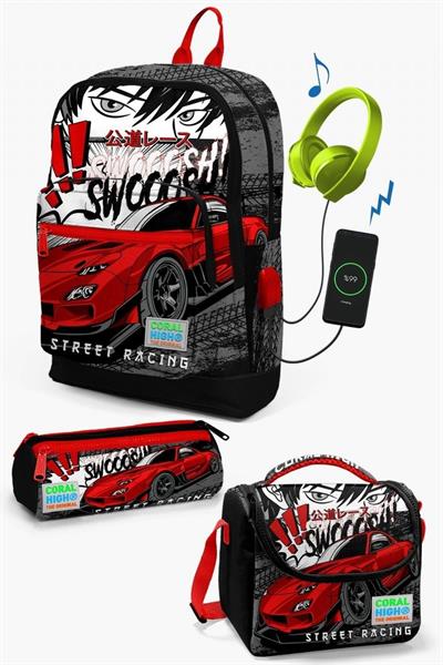 Coral High Kids Siyah Kırmızı Anime Araba Desenli USBli 3lü Okul Çanta Seti - Erkek