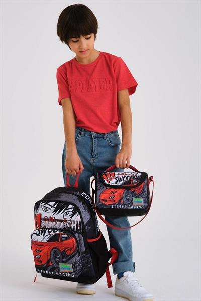 Coral High Kids Siyah Kırmızı Anime Araba Desenli 3lü Okul Çanta Seti - Erkek Çocuk