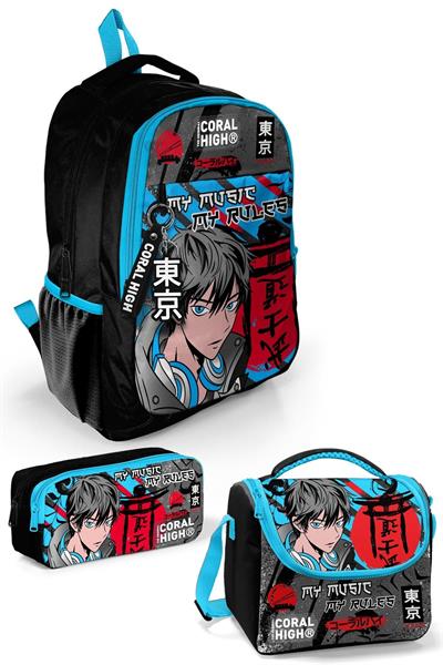 Coral High Kids Siyah Mavi Anime Desenli 3lü Okul Çanta Seti SET0123666