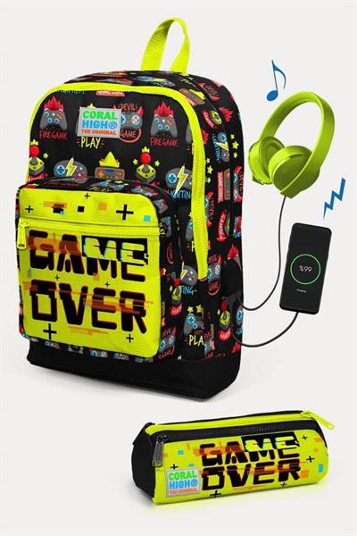 Coral High Kids Siyah Neon Sarı Game Over Desenli USBli 2li Okul Çanta Seti - Erkek