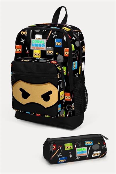 Coral High Kids Siyah Ninja Desenli 2li Okul Çanta Seti - Erkek Çocuk