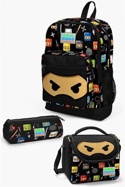 Coral High Kids Siyah Ninja Desenli 3lü Okul Çanta Seti - Erkek