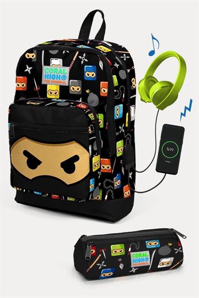 Coral High Kids Siyah Ninja Desenli USBli 2li Okul Çanta Seti - Erkek Çocuk