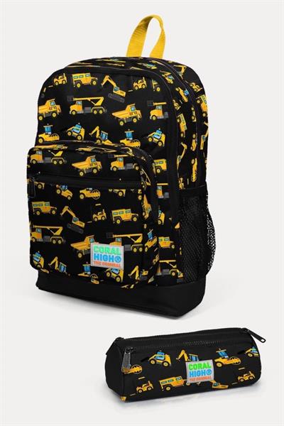 Coral High Kids Siyah Sarı İş Makinesi Desenli 2li Okul Çanta Seti - Erkek Çocuk