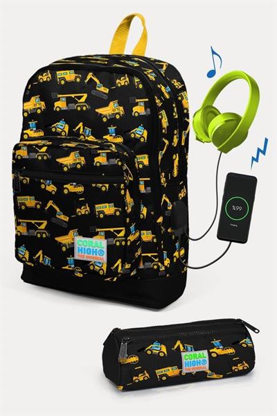 Coral High Kids Siyah Sarı İş Makinesi Desenli USBli 2li Okul Çanta Seti - Erkek Çocuk