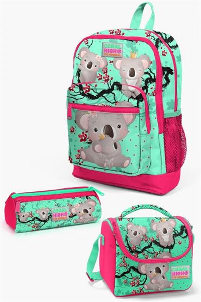 Coral High Kids Su Yeşili Neon Mercan Koala Desenli 3lü İlkokul Çanta Seti - Kız Çocuk