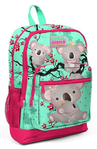 Coral High Kids Su Yeşili Neon Mercan Koala Desenli 3lü İlkokul Çanta Seti - Kız Çocuk