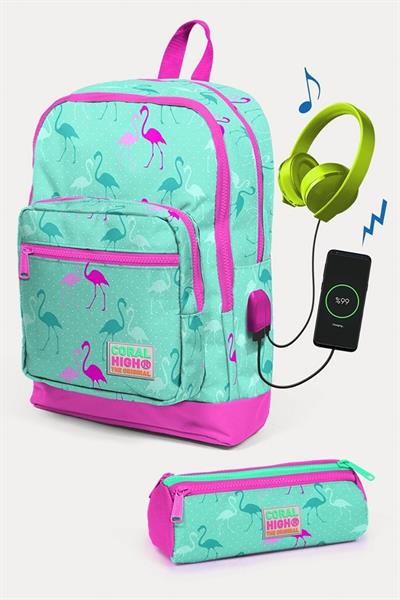Coral High Kids Su Yeşili Neon Pembe Flamingo Desenli USBli 2li Okul Çanta Seti - Kız Çocuk