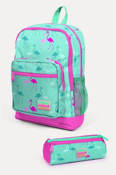 Coral High Kids Su Yeşili Neon Pembe Flamingo Desenli 2li Okul Çanta Seti - Kız Çocuk