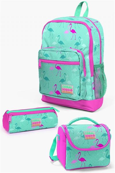Coral High Kids Su Yeşili Neon Pembe Flamingo Desenli 3lü Okul Çanta Seti