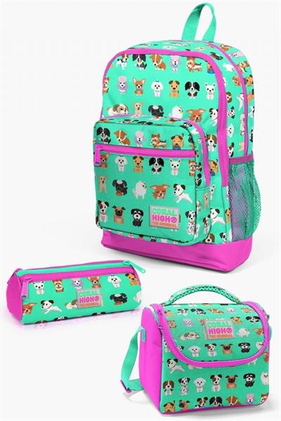Coral High Kids Su Yeşili Neon Pembe Köpek Desenli 3lü Okul Çanta Seti