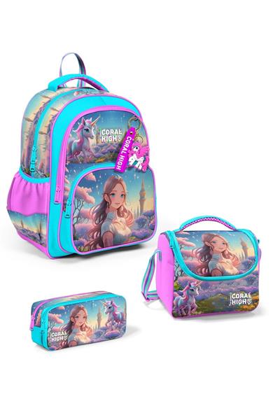 Coral High Kids Turkuaz Pembe Anime Kız Desenli 3lü Okul Çanta Seti SET0114420 - Kız