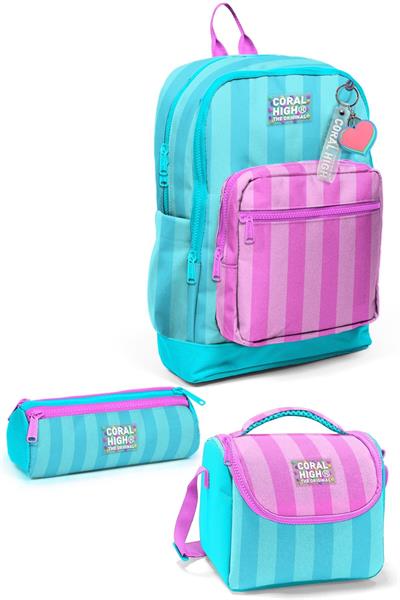 Coral High Kids Turkuaz Pembe Çizgili 3lü Okul Çanta Seti SET0123771 - Kız